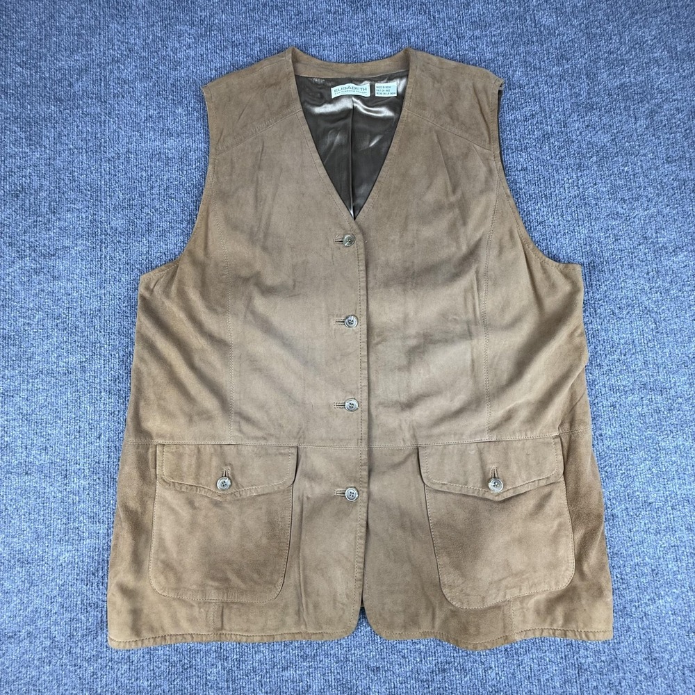 Elisabeth Vest Womens 1X Brown Suede Button Front Long Lined Pockets Casual